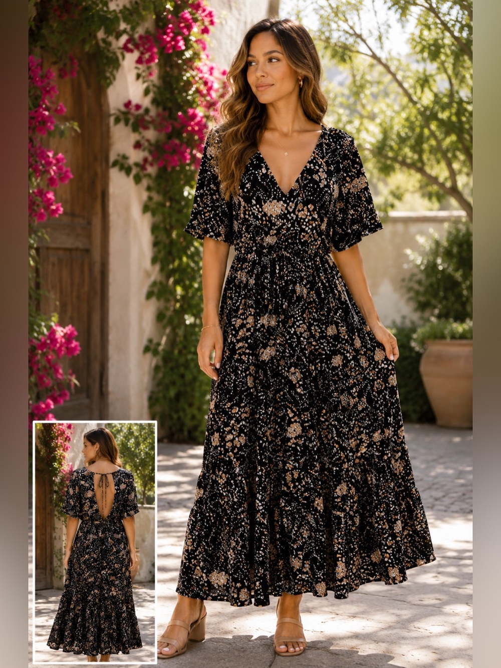 lovestitch Black Maxi Dress with Beige Floral Pattern and Open Back